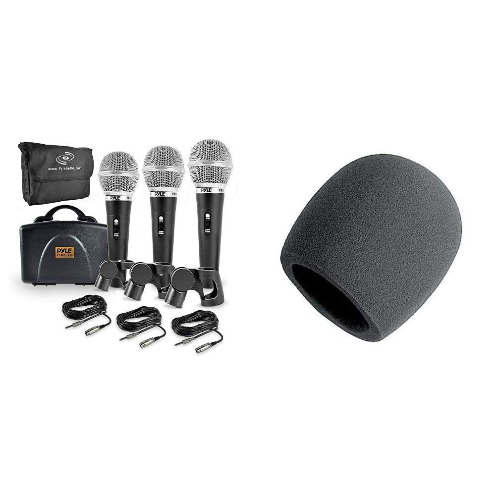  [AUSTRALIA] - Pyle 3 Piece Professional Dynamic Microphone Kit Cardioid Unidirectional Vocal Handheld MIC (PDMICKT34) & On-Stage Foam Ball-Type Microphone Windscreen, Black