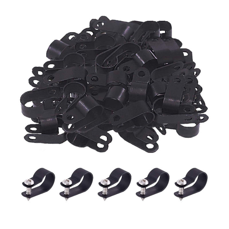  [AUSTRALIA] - 50Pcs 1/2 Inch Black R-Type Cable Clip, Nylon Wire Clamp with 50Pcs Screws Mounting for Wire Pipe Management