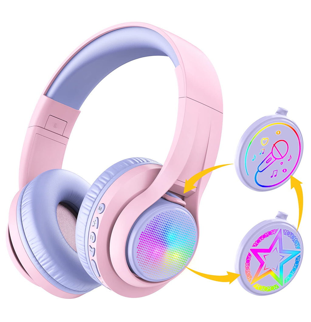  [AUSTRALIA] - iClever TransNova Kids Bluetooth Headphones Light Up Replaceable Plate, 74/85/94dB Volume Limited, 45H Playtime, Stereo Sound, Wireless Kids Headphones with Mic for School/Airplane/Tablet, Pink