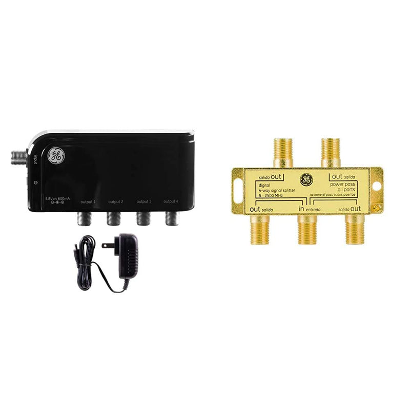  [AUSTRALIA] - GE 4-Way TV Antenna Amplifier Splitter 34479 & Digital 4-Way Coaxial Cable Splitter, 2.5 GHz 5-2500 MHz, RG6 Compatible, Works with HD TV, Satellite, High Speed Internet, Amplifier, 33527