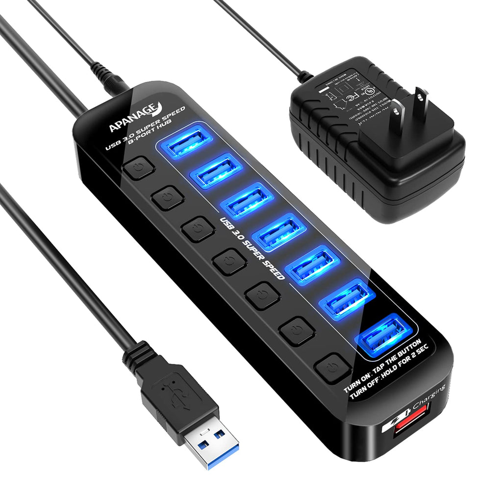  [AUSTRALIA] - Apanage Powered USB 3.0 Hub, 8 Port USB 3.0 Hub Splitter with 7 USB 3.0 Data Ports and 1 Smart Charging Port with Individual On/Off and 5V/4A Power Adapter USB Extension for MacBook, Mac Pro…