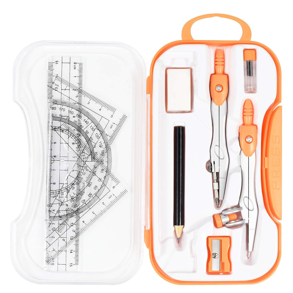 Unjoo Math Geometry Kit Sets 10 Piece Student Supplies with Shatterproof Storage Box,Includes Rulers,Protractor,Compass,Eraser,Pencil Sharpener,Lead Refills,Pencil,for Drafting and Drawings（Orange） Orange - LeoForward Australia