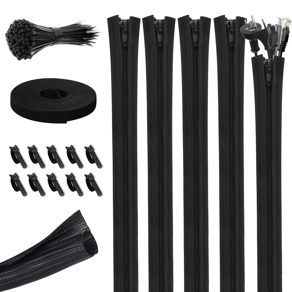  [AUSTRALIA] - 117 PCS Cable/Cord Management Kit, 5 x Cable Sleeve with Zipper, 1 x 1.5m Roll Cable Sleeve Cover, 10pcs and 1 x Roll Self Adhesive tie, 100 x Fastening Cable Ties for Home and Office