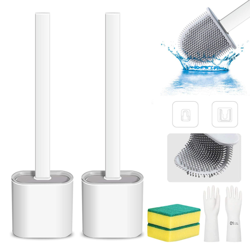 Silicone Toilet Bowl Wand Cleaner Brush and Holder Set Wall Mounted Bathroom Scrubber Brushes, Deep Cleaning Non-Slip Long Plastic Handle Bendable Brush Head Clean Toilet Corner Easily (White2) White2 - LeoForward Australia