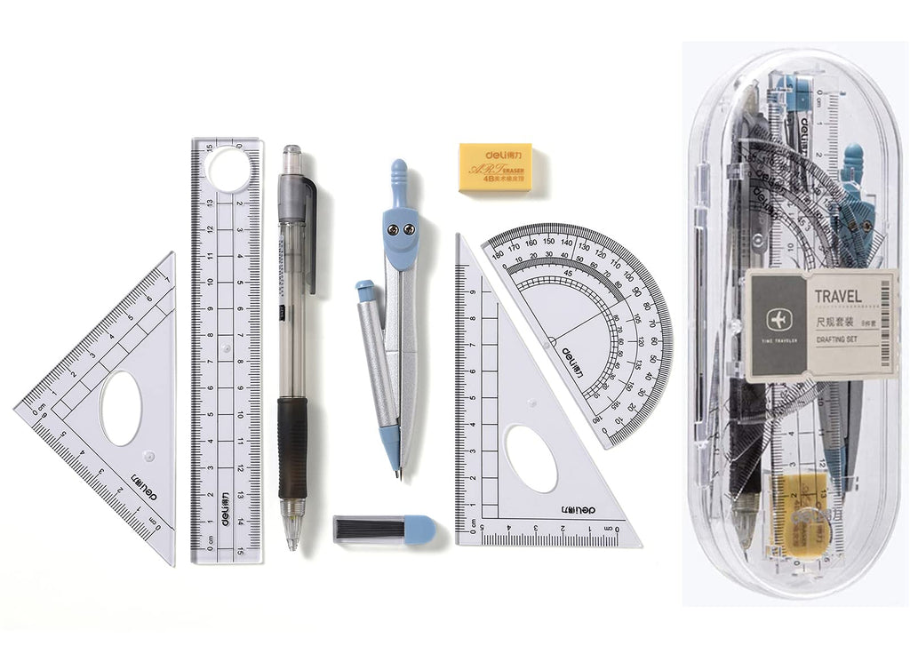 8 Pieces Math Geometry Kit Set Student Supplies,Includes Rulers,Protractor,Compass,Pencil,Eraser.for Students and Engineering Drawings - LeoForward Australia