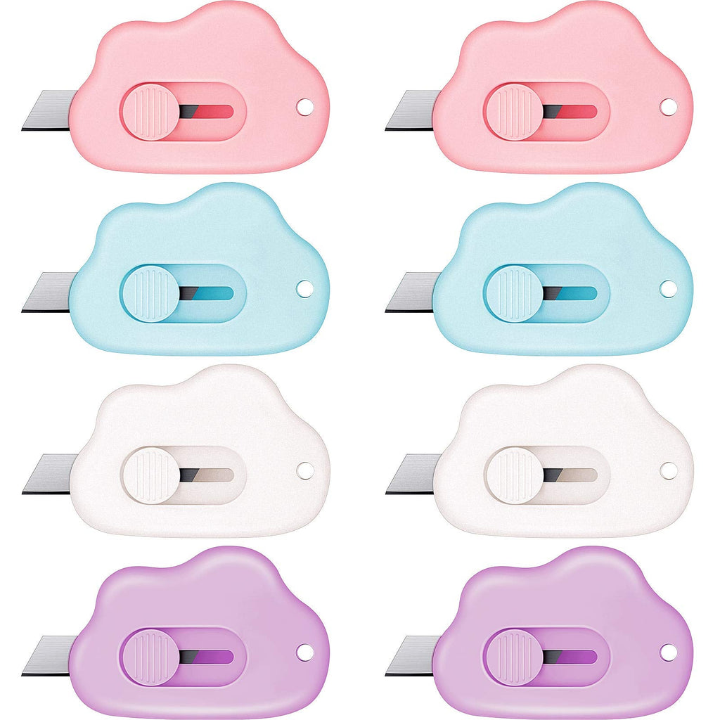  [AUSTRALIA] - 8 Pieces Mini Utility Knives Cloud Shaped Box Cutter Retractable Letter Opener Paper Envelope Slitter Carton Portable Cutter with Key Chain Hole, Pink, Blue, White, Purple