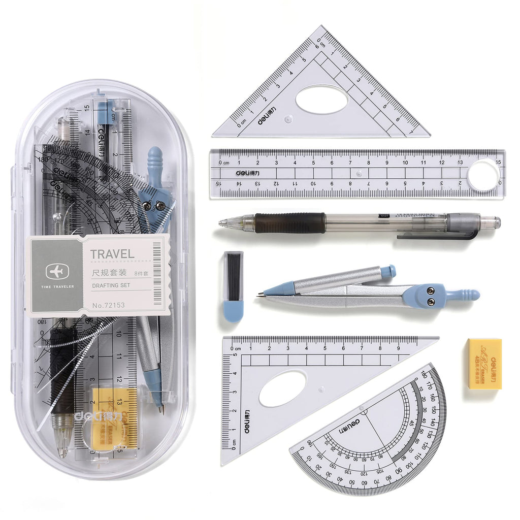 {Updated Version}8pcs Math Geometry Kit Set,Student Supplies Drawing Pencil Compass Includes Protractor Rulers Compass Pencil Lead Refills Eraser Model II - LeoForward Australia