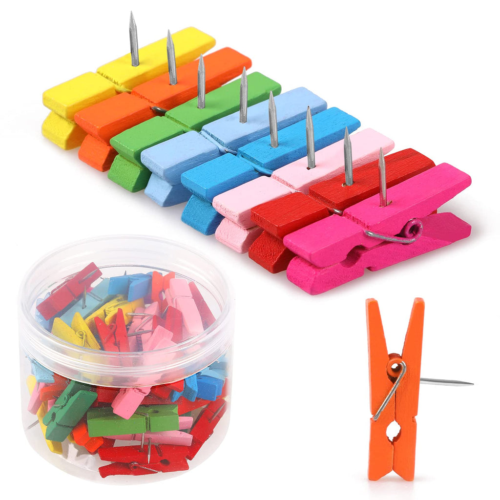  [AUSTRALIA] - 50 PCS Colorful Push Pin with Wooden Clips, Durable Wooden Push Pins, Decorative Pushpins Tacks Thumbtacks, Tacks for Cork Board Artworks Notes Photos, Craft Projects, Offices and Homes (8 Colors)