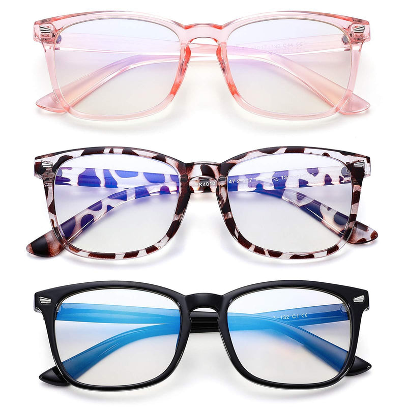 Blue Screen Glasses for Kids, COASION 3 Pack Blue Light Blocking Glasses for Girls Boys, Computer Gaming Fake Eyeglasses (Leopard + Clear Pink + Black) Leopard + Clear Pink + Black - LeoForward Australia