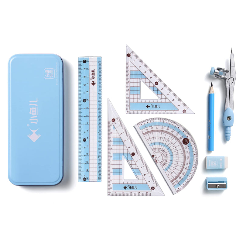 8 Pieces Math Geometry Kit Set Student Supplies with Shatterproof Iron Box Geometry Set for School, Includes Ruler, Protractor, Compass, Pencil,Pencil Sharpener and Eraser,etc - LeoForward Australia