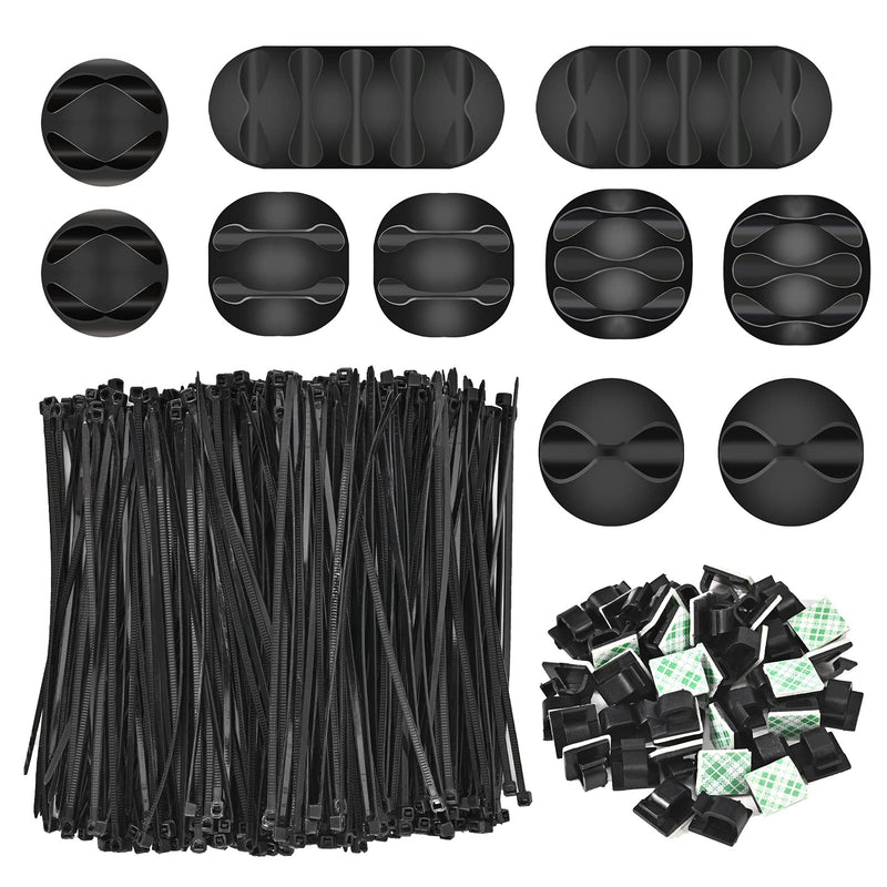  [AUSTRALIA] - 560pcs Cord Management Organizer Kit 10 Self Adhesive Cable Clip Holder,50pcs Cable Clips with Strong Adhesive and 500 Fastening Cable Ties for TV Office Home etc (Black)