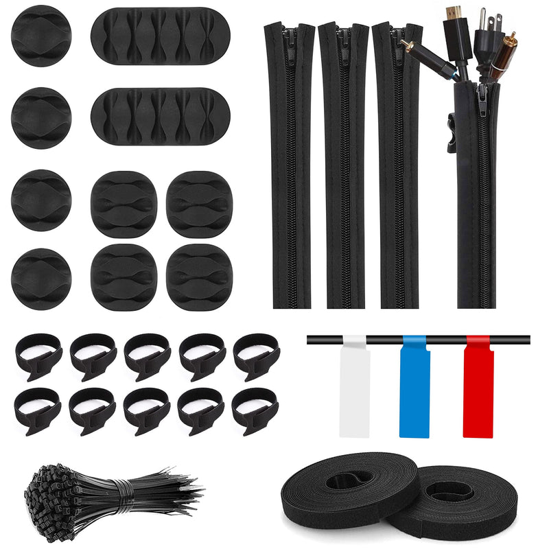  [AUSTRALIA] - 216pcs Cable Management Kit 4 Cable Sleeve with Zipper,10 Self Adhesive Cable Clip Holder,90pcs Cable Label,10pcs and 2 Roll Self Reuse Tie and 100 Fastening Ties for Office TV Home etc(Black)