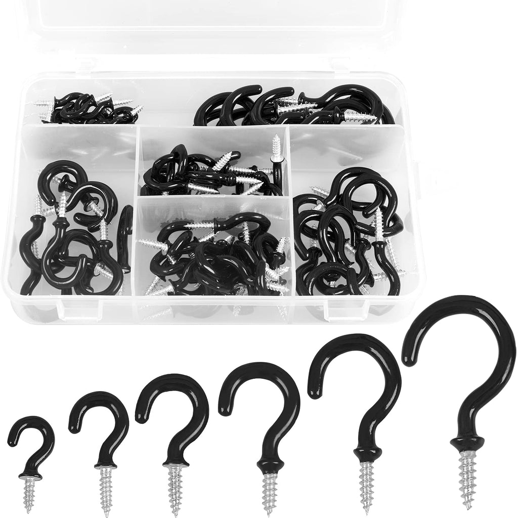  [AUSTRALIA] - 90 Pcs Black Ceiling Hooks kit, 6 Sizes Vinyl Coated Screw-in Ceiling Hooks, Plant Hooks Kitchen Hooks Cup Hooks Ceiling Hooks for Hanging (1/2", 5/8",3/4",7/8",1'',1-1/4")