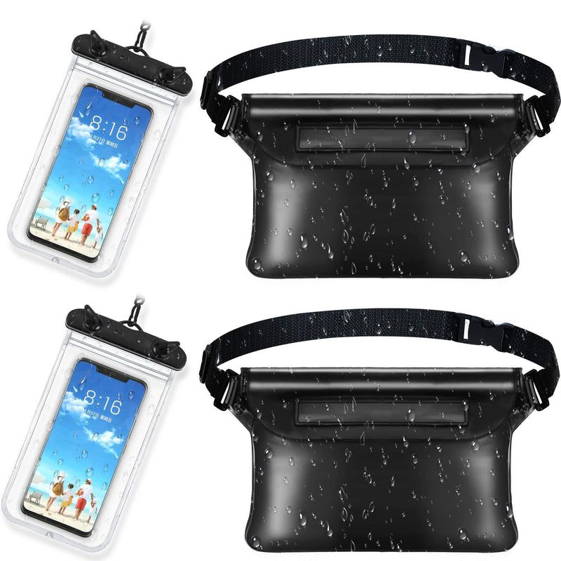  [AUSTRALIA] - 2 Pieces Waterproof Phone Pouch Universal Cellphone Case and 2 Waterproof Fanny Pack with Waist Strap Screen Touchable Dry Bag for Swimming Snorkeling Boating (Clear Black, Black) Clear Black, Black