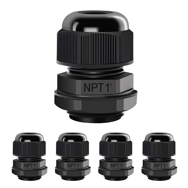  [AUSTRALIA] - LeMotech 5 Pack NPT 1" Cable Glands Waterproof Adjustable 18-25mm Cable Connectors Black Nylon Joints with Gaskets 1inch 5-pack