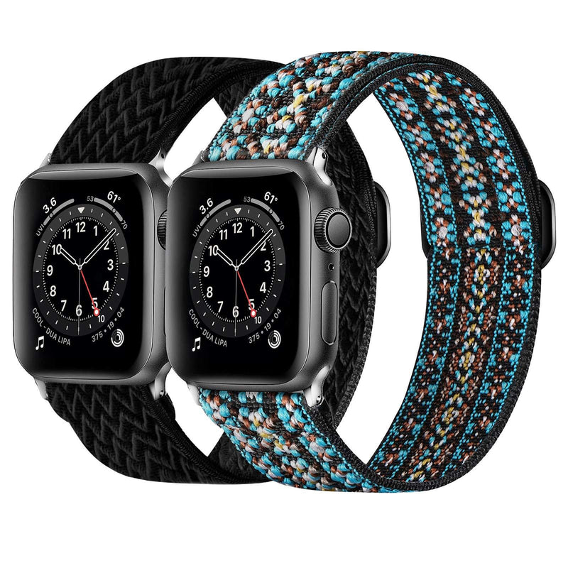 BNBIDEN 2 Pack Stretchy Band Compatible with Apple Watch Series SE/6/5/4/3/2/1, Adjustable Soft Straps Compatible with iWatch 38mm 40mm 42mm 44mm for Women Men, 38/40mm Black + Bohemian Green - LeoForward Australia