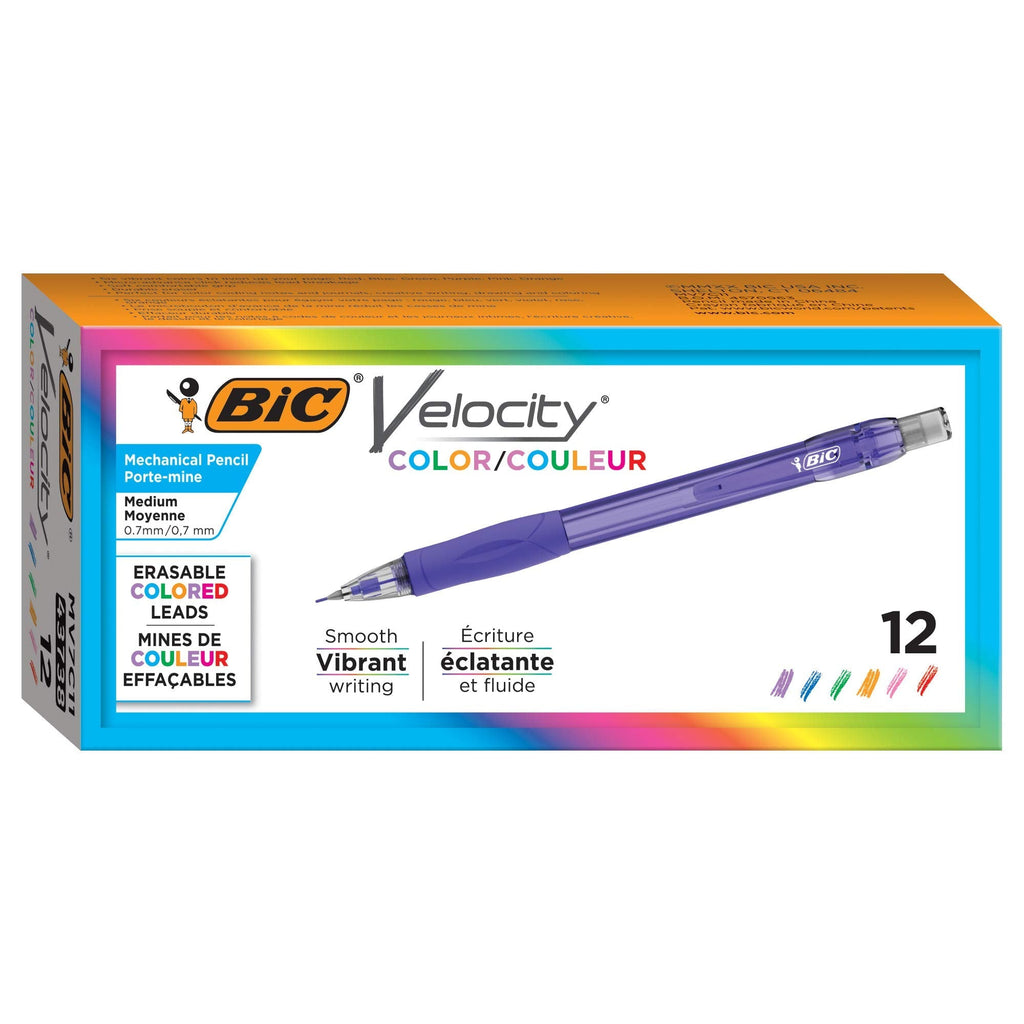  [AUSTRALIA] - BIC Velocity Color Mechanical Pencil, Medium Point (0.7mm), Assorted Colored Leads, Soft Comfortable Grip, 12-Count