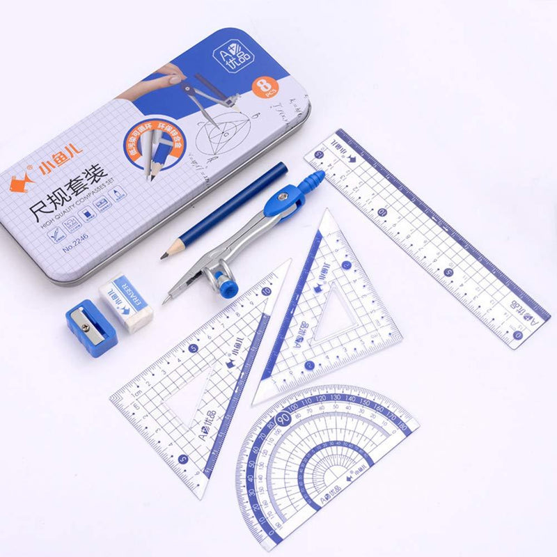 Waremew Math Geometry Kit Set 8 Pieces Student Supplies with Shatterproof Storage Box,Includes Ruler, Protractor, Compass, Pencil,Pencil Sharpener and Eraser,etc.for Drafting and Drawings - LeoForward Australia