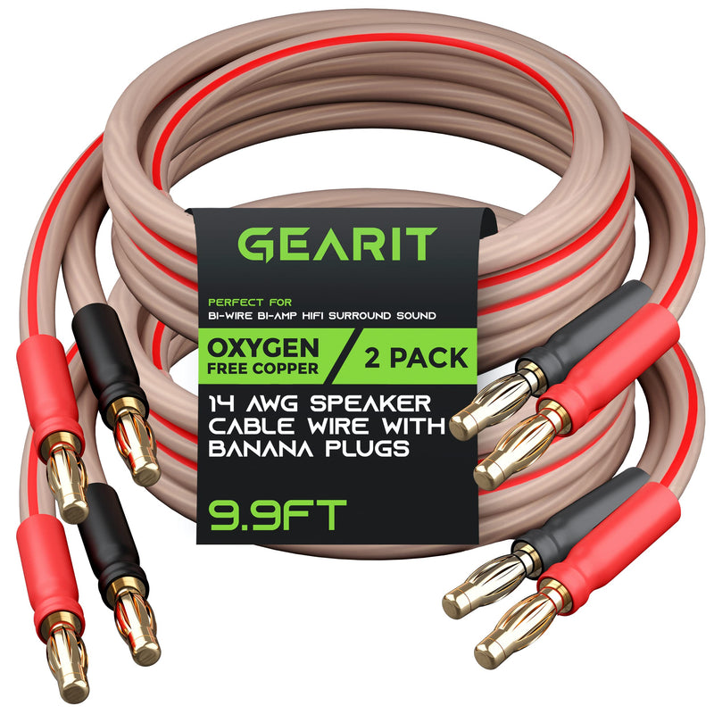  [AUSTRALIA] - GearIT 14 AWG Speaker Cable Wire with Banana Plugs (2 Pack, 9.9 Feet - 3 Meter) 14Ga Gauge Banana Wire for Bi-Wire Bi-Amp HiFi Surround Sound - 99.9% OFC Copper, Gold Plated Tips - Clear, 10 Ft 3m - 9.9ft, 2pack