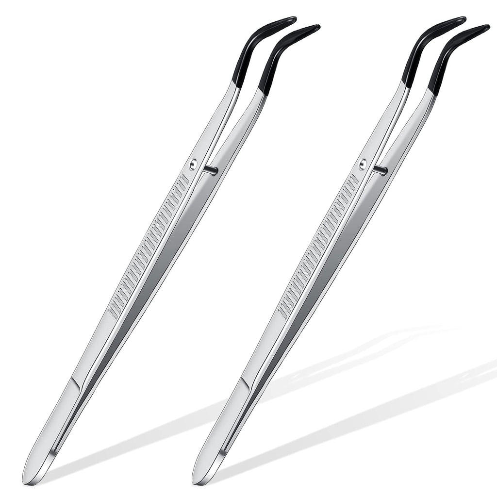  [AUSTRALIA] - 2 Pieces Rubber Bent Tip Tweezers PVC Rubber Coated Soft Non Marring Curved Tweezers Lab Industrial Hobby Craft Jewelry Hobby Coin Stamp Tweezers Tools (Silver, Black) Silver, Black