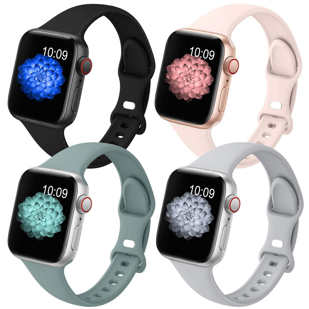 GeekSpark 4 Pack Slim Band Compatible with Apple Watch Band 38mm 40mm 42mm 44mm for Women Men, Thin Narrow Soft Silicone Replacement Strap Band for iwatch SE/Series 6/5/4/3/2/1 Black,Cactus,Grey,Pink Sand 38MM/40MM - LeoForward Australia