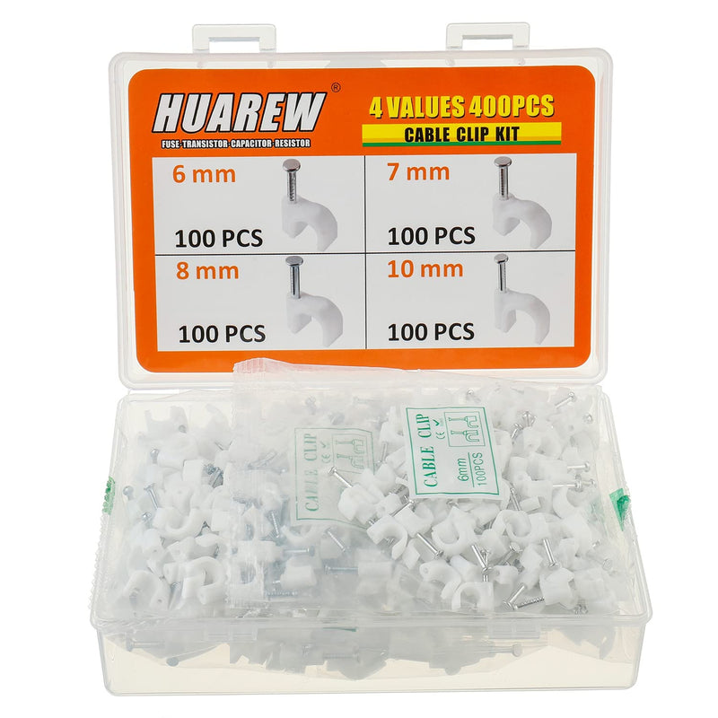  [AUSTRALIA] - HUAREW 4 Sizes 400 Pcs White Plastic Steel Nail Cable Clips Apply to RG6 RG59 CAT5 CAT6 Ethernet/TV Wire/Telephone/Led Starlight/Print Cable Round Management Cable Wire Clips 6/7/8/10 mm