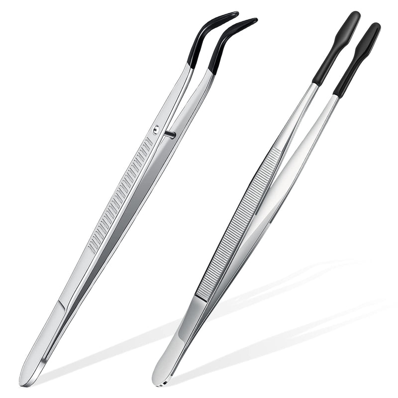  [AUSTRALIA] - 2 Pieces Tweezers with Rubber Tips Set PVC Rubber Coated Tips Bent and Straight Flat Tip Tweezers Stamp Coins Jewelry Hobby Crafts Industrial Electronic Tweezers Tools (Silver, Black) Silver, Black