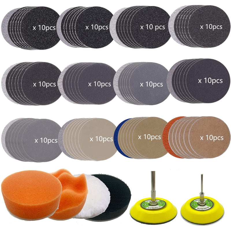  [AUSTRALIA] - 3 Inch Sandpaper Grit 60-10000 Wet Dry Sander Sheets with 1/8"&1/4"Shank Backer Plate and Soft Foam Buffering Pad Grinding Abrasive Sponge Sanding Disc Pad Kit for Wood Metal Mirror Jewelry Car 128pcs