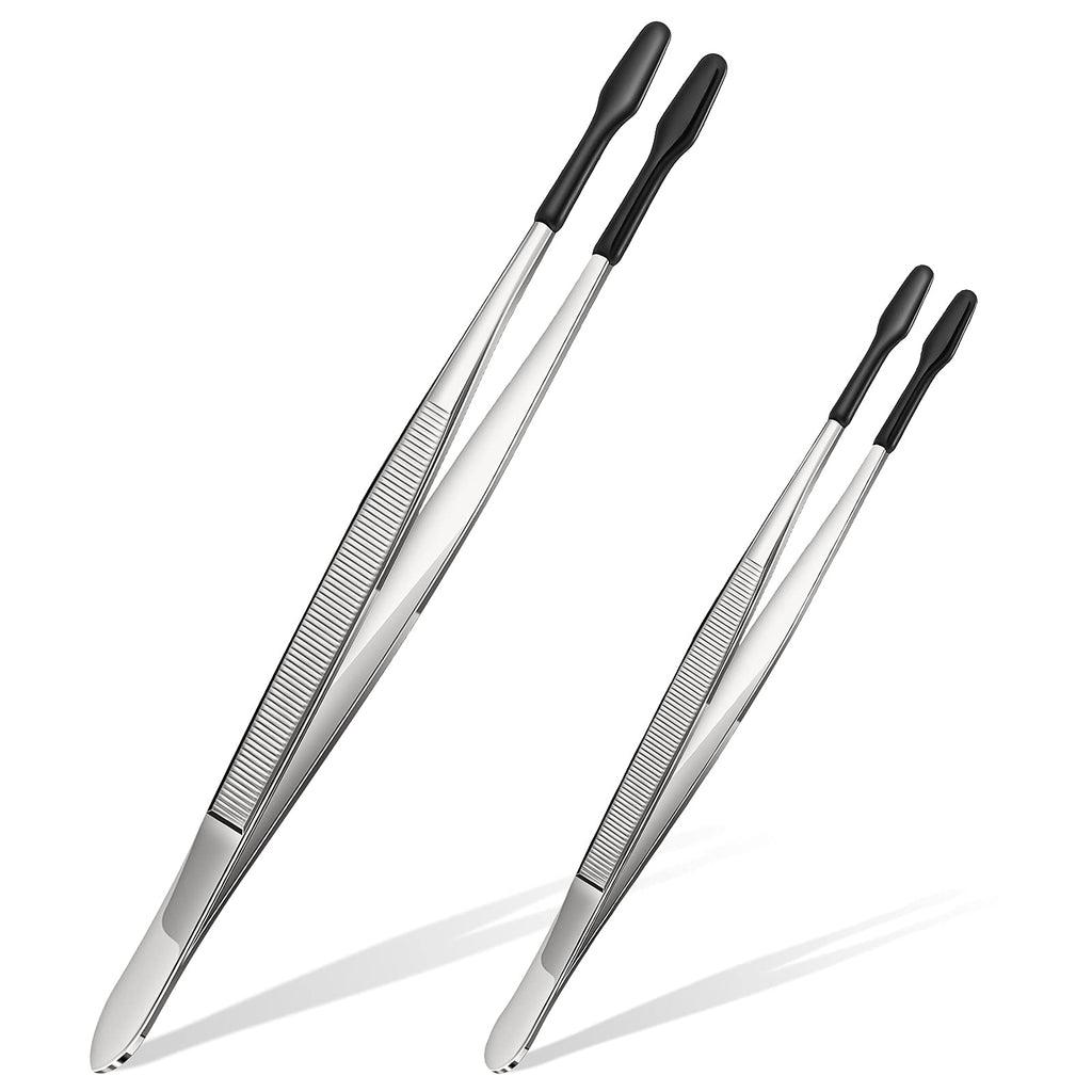  [AUSTRALIA] - 2 Pieces Tweezers Straight Flat Rubber Coated Tweezers PVC Non Marring Long and Short Silicone Tipped Tweezer Stainless Steel Tweezers Set Jewelry Hobby Crafts Forceps Tools, 4.72, 5.91 Inch (Black) Black