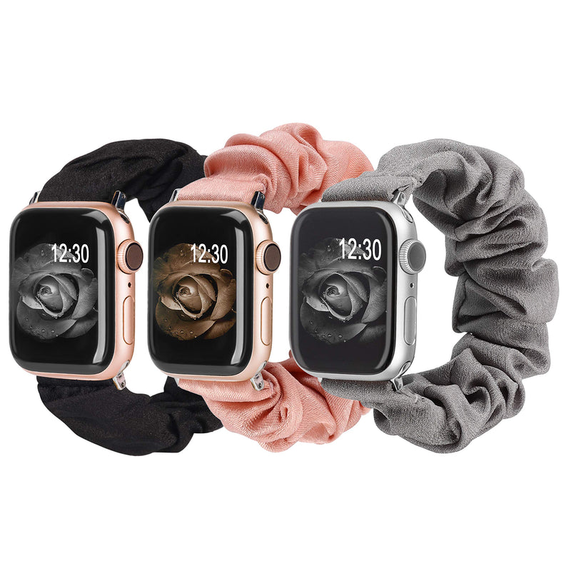  [AUSTRALIA] - TOYOUTHS 3 Packs Compatible with Apple Watch Band Scrunchies 38mm Cloth Soft Pattern Printed Fabric Wristband Bracelet Women IWatch Elastic Scrunchy Bands 40mm 41mm Series SE 7 6 5 4 3 2 1, S/M Black/Gray/Pink 38mm/40mm/41mm S/M