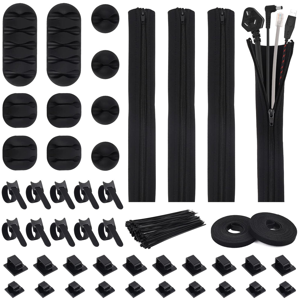  [AUSTRALIA] - 146pcs Cable Management Organizer Kit - 4 Cable Sleeve with Zipper,20 Self-adhesive Cable Ties,10 Cable Clips,10 Cable Straps,2 Rolls of Self Adhesive Ties,100 Fastening Cable Zip Ties for Office/Home