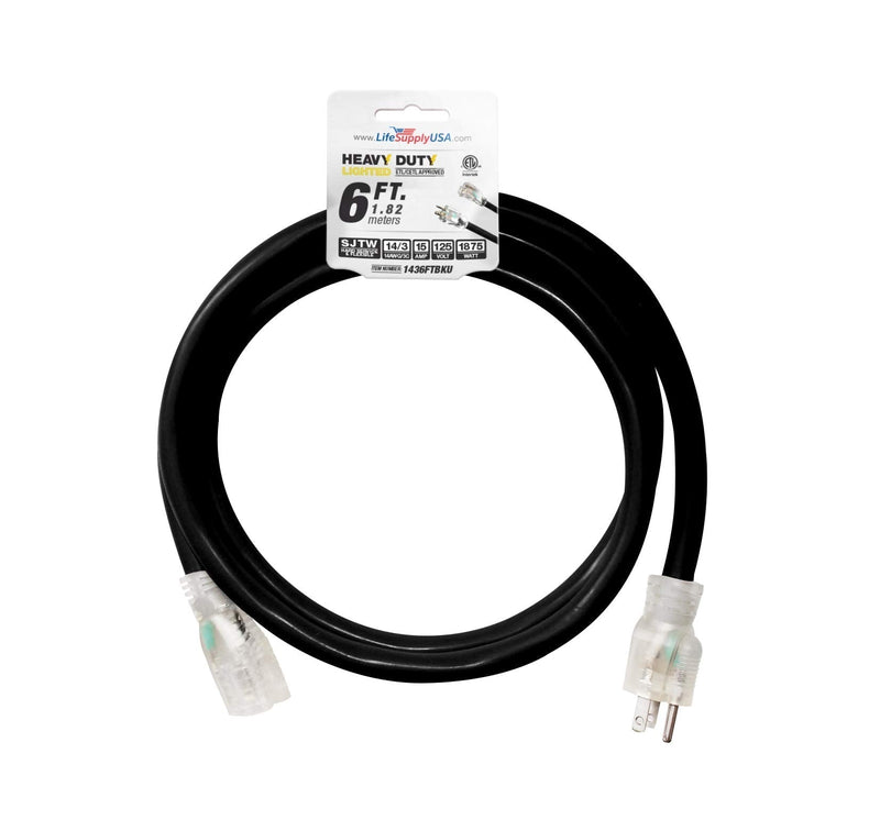  [AUSTRALIA] - 6 ft Extension Cord 14/3 SJTW with Lighted end - Black - Indoor / Outdoor Heavy Duty Extra Durability 15AMP 125V 1875W ETL Listed by LifeSupplyUSA