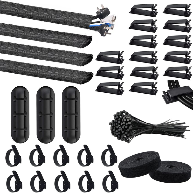  [AUSTRALIA] - SOULWIT 134Pcs Cable Management Kit, 4 Cable Tubing Sleeve, 3 Silicone Cable Holder, 10+2 Roll Cable Organizer Straps, 15 Large Cord Clips and 100 Wire Fastening Ties for TV PC Under Desk Office Black
