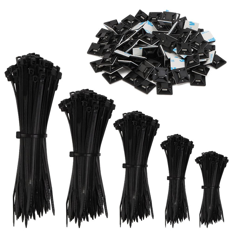  [AUSTRALIA] - BUYGOO 500Pcs Cable Zip Ties, Black Cable Ties, Heavy Duty Zip Ties Black, Zip Ties Assorted Sizes with 100Pcs Cable Tie Mounts, Perfect for Home, Office, Garage and Workshop