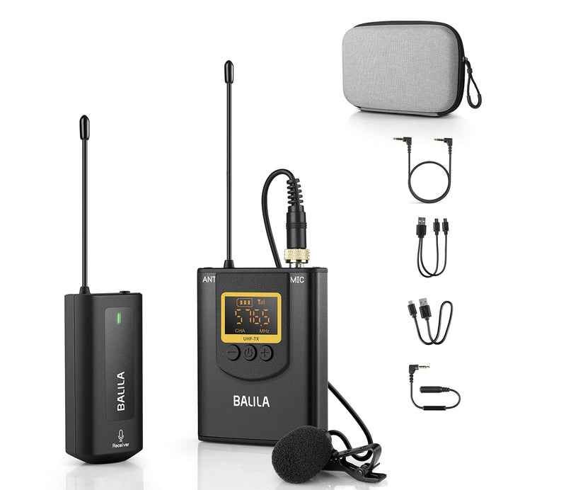  [AUSTRALIA] - Wireless Lavalier Microphone System BALILA UHF Dual Lavalier Mic Lapel Microphone for iPhone/Android, DSLR Camera Microphone Real-time Audio Monitor Recording Vlog Transmitter 1 + Receiver 1