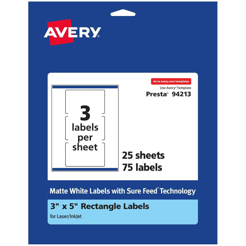 Avery Matte White Rectangle Labels with Sure Feed, 3" x 5", 75 Matte White Printable Labels 75 Labels - LeoForward Australia