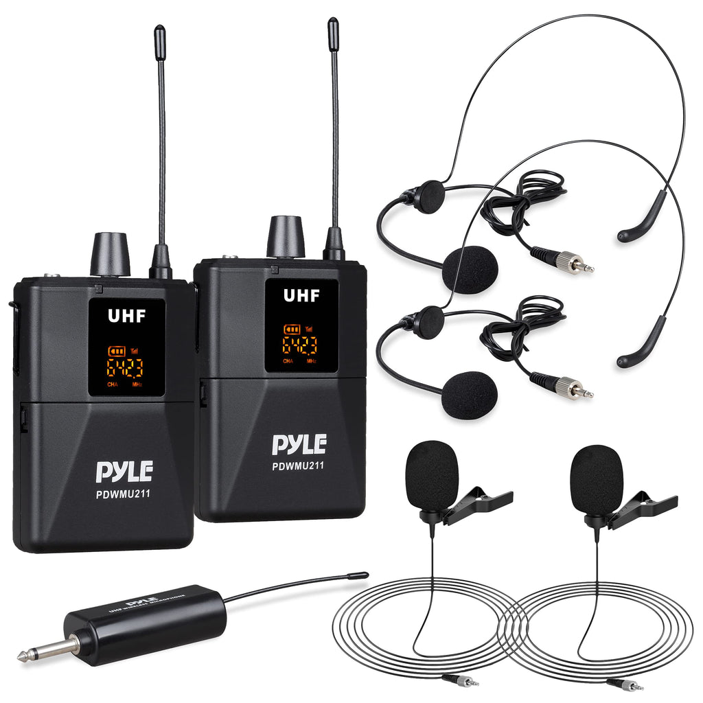  [AUSTRALIA] - Dual UHF Wireless Microphone System - Portable Professional Cordless Microphone Set Wireless Mic Kit w/Headset Mic, Lavalier Mic, Beltpack Transmitter, Receiver - Karaoke & Conference - Pyle PDWMU211