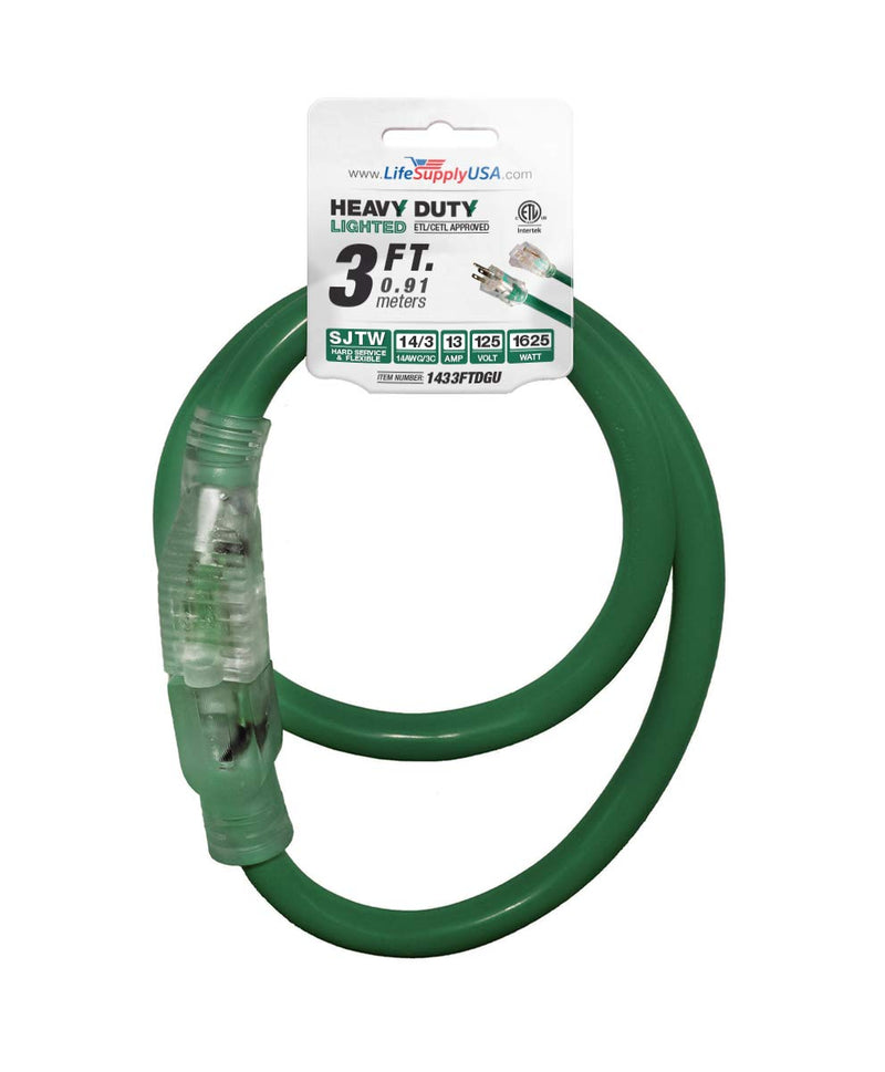  [AUSTRALIA] - 3 ft Extension Cord 14/3 SJTW with Lighted end - Green - Indoor / Outdoor Heavy Duty Extra Durability 13AMP 125V 1625W ETL Listed by LifeSupplyUSA 3 ft