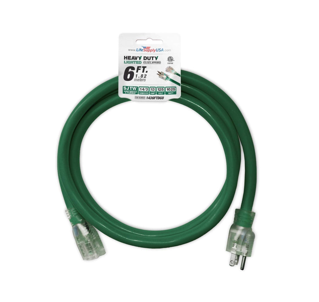  [AUSTRALIA] - 6 ft Extension Cord 14/3 SJTW with Lighted end - Green - Indoor / Outdoor Heavy Duty Extra Durability 13AMP 125V 1625W ETL Listed by LifeSupplyUSA