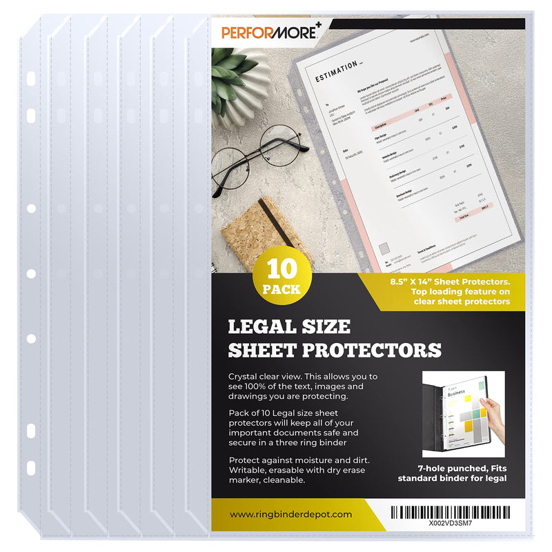  [AUSTRALIA] - PERFORMORE 10 Pack of 8.5” x 14” Legal Size Heavyweight Clear Sheet Protectors, Plastic Legal Paper Sleeves, Clear Archival Quality, Long Sheet Protectors for Binders Documents