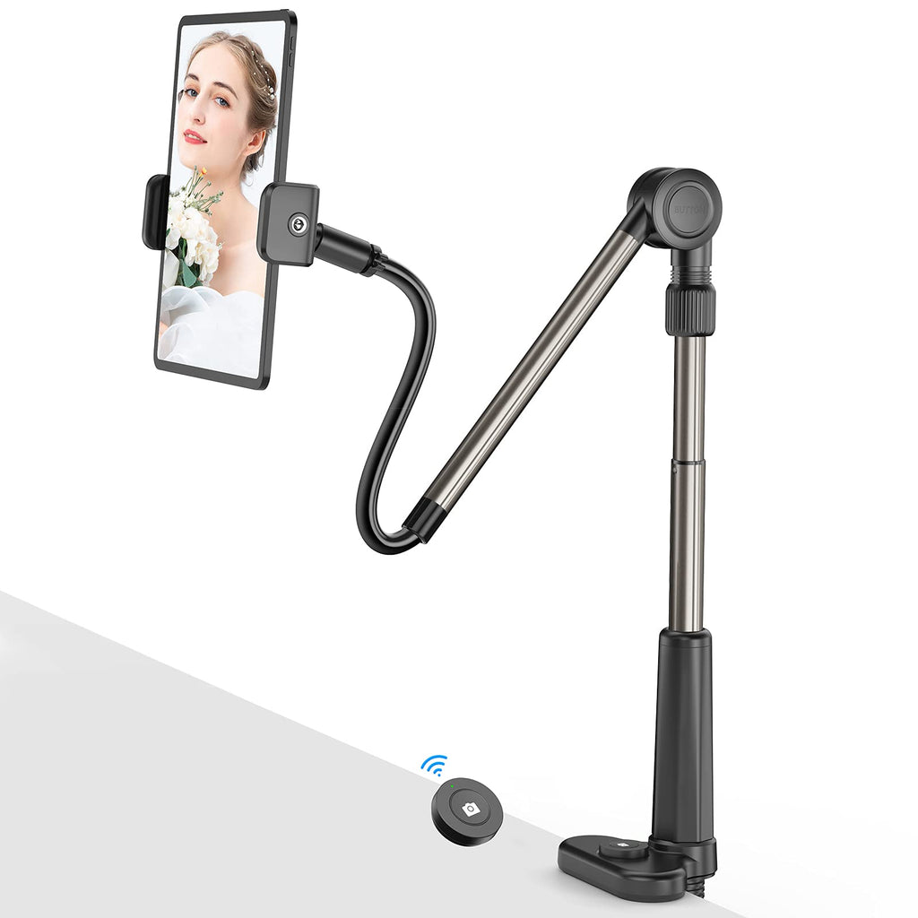  [AUSTRALIA] - Phone/Tablet Holder for Bed,Flexible Gooseneck Long arm Cell Phone Stand with Detachable Remote,Overhead Phone Mount for Recording Reading clamp Compatible with Smartphone/Tablet/ipad/iPhone 4.6"-11" Black