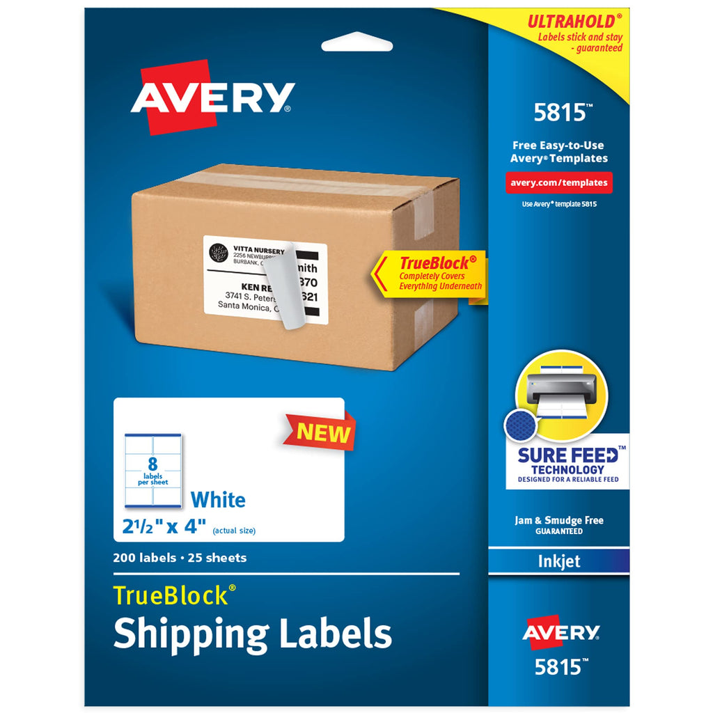 Avery Printable Blank Shipping Labels, 2.5” x 4”, White, 200 Labels, Inkjet Printer, Permanent Adhesive (5815) - LeoForward Australia