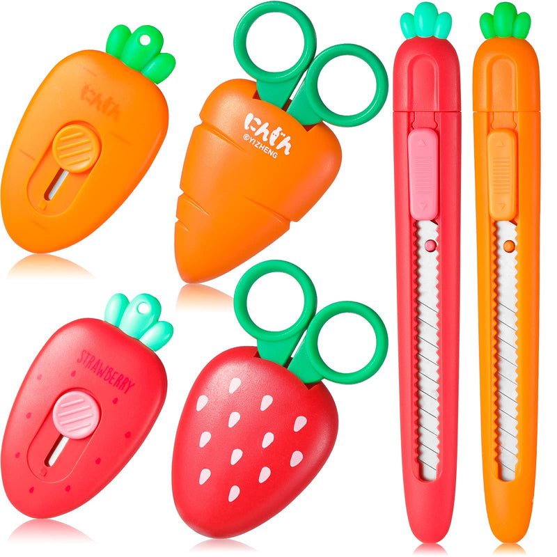  [AUSTRALIA] - 6 Pieces Mini Retractable Utility Knife Cute Scissors Carrot Strawberry Shaped Box Cutter Letter Opener Lock Slides Knife Stationery Supplies for Students Letter Small Box DIY Crafts