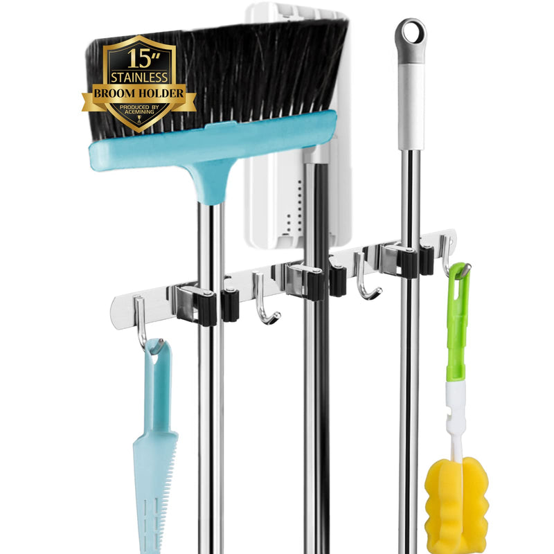  [AUSTRALIA] - 3 Racks and 4 Hooks Broom and Mop Holder Wall Mounted Garage Organizer Storage Tool Racks Stainless Steel Heavy Duty Hooks Self Adhesive Solid Non-slip Wall Hangers for Home Kitchen Garden Laundry 1 Pack 3 Racks & 4 Hooks