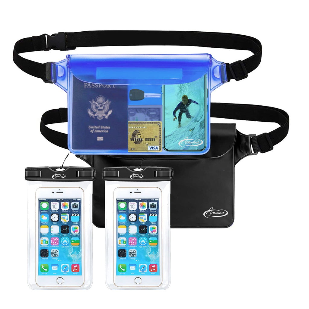 [AUSTRALIA] - AiRunTech Waterproof Dry Bag and Waterproof Cell Phone Bag for Outdoor Water Sports, Boating, Hiking,Kayaking,Fishing 2 * phone case(black) + 2 * fanny pack(black+blue)