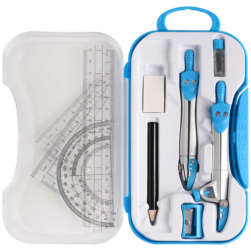 Geometry Kit, ZOOZE 10-Piece Math Tool Kit with Compasses, Protractor, Pencil, Eraser, Sharpener, Set Square, Triangle, 6” Ruler, Lead Refills, Storage Box Blue - LeoForward Australia