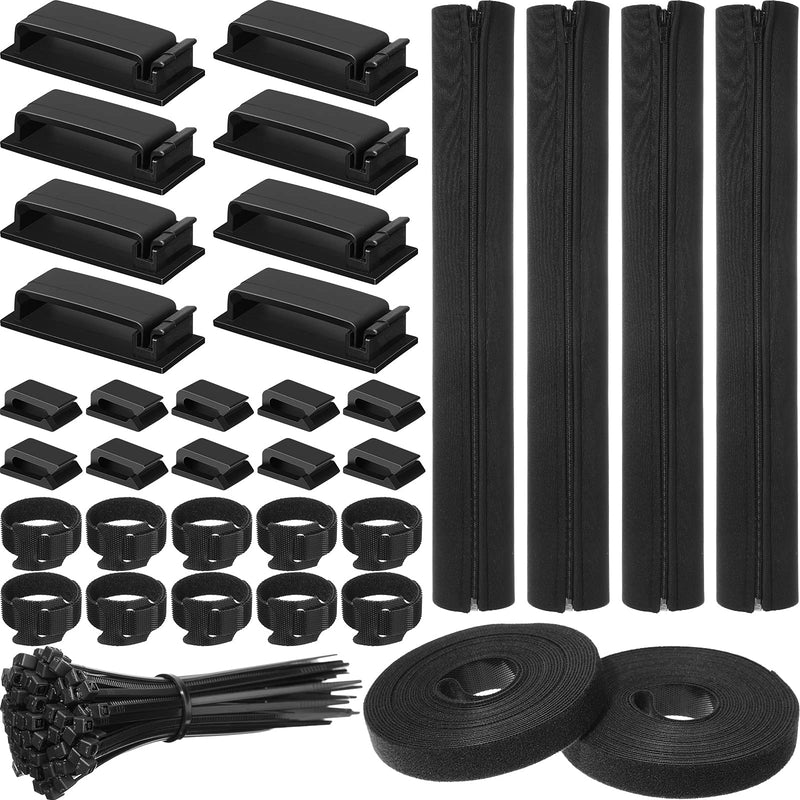  [AUSTRALIA] - 186 Pieces Cord Management Organizer Kit 4 Cable Sleeve with Zipper, 60 Self Adhesive Cable Clip Holder, 20 Cable Ties, 2 Roll Self Adhesive Tie and 100 Fastening Cable Ties for TV Office Home (Black)