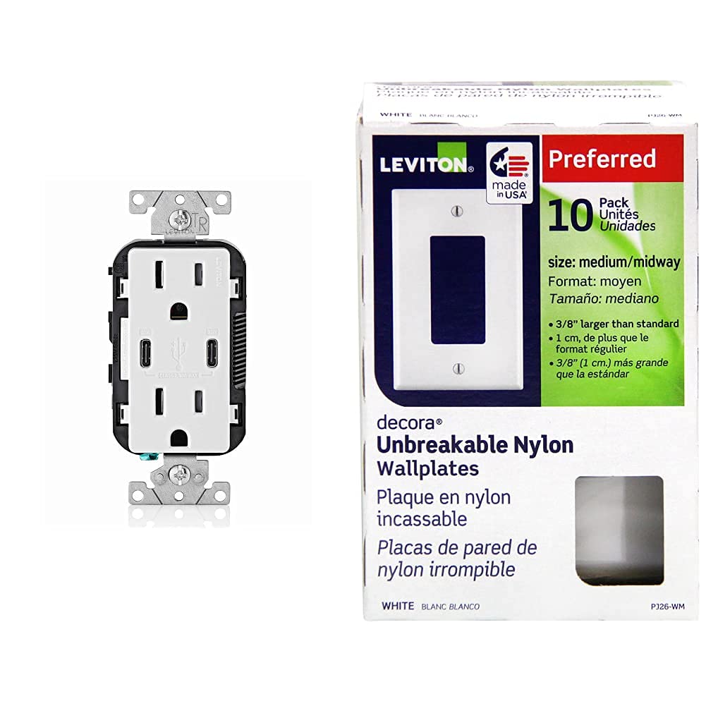  [AUSTRALIA] - Leviton T5635-W USB Dual Type-C with Power Delivery (PD) In-Wall Charger with 15 Amp, 125 Volt Tamper-Resistant Outlet, White & PJ26-WM 1-Gang Decora/GFCI Decora Wallplate, White, 10-Pack Charger + Wallplate