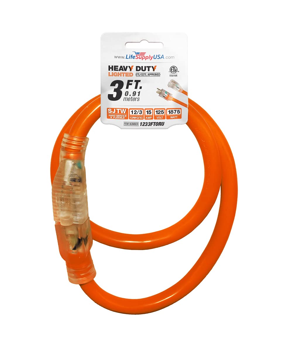  [AUSTRALIA] - 3 ft Extension Cord 12/3 SJTW with Lighted end - Orange - Indoor / Outdoor Heavy Duty Extra Durability 15AMP 125V 1875W ETL Listed by LifeSupplyUSA 3 ft