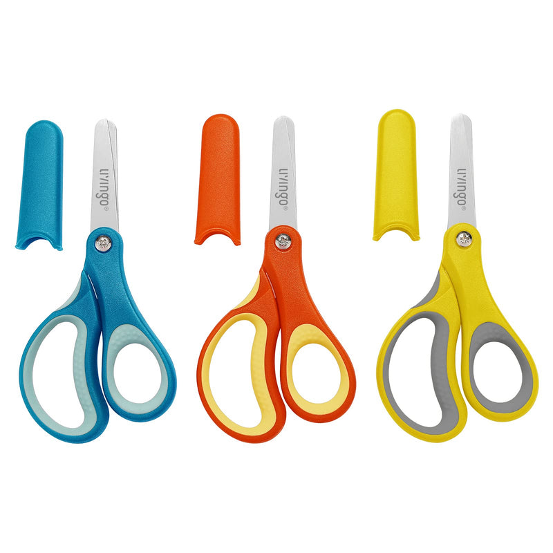  [AUSTRALIA] - LIVINGO 3 Pack 5” Kids Scissors, Left/Right Handed Blunt Stainless Safety Toddler Preschool Child Scissors with Cover, School Classroom Craft Supplies for Teachers, Yellow/Blue/Grey